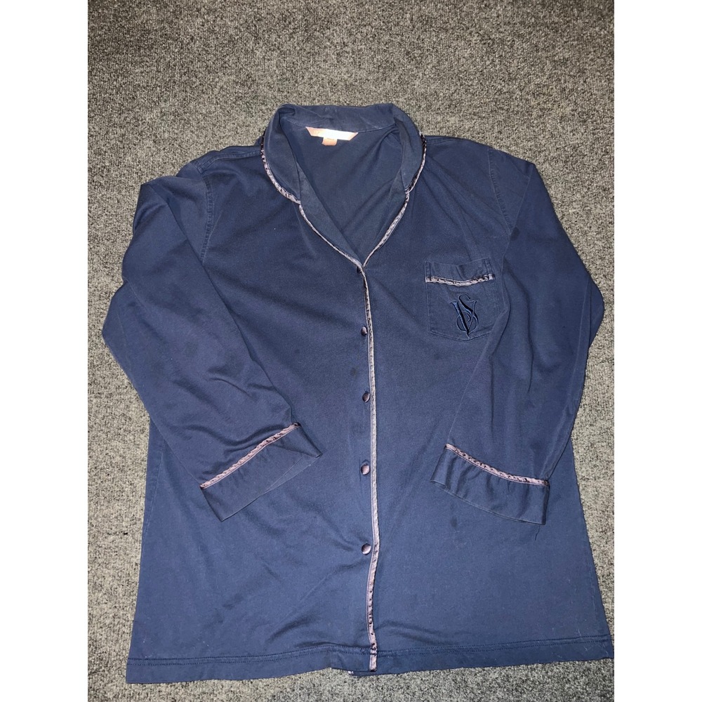 Victorias Secret Pajama Set Large Navy Blue Cotton Blend Long Sleeve Button Down